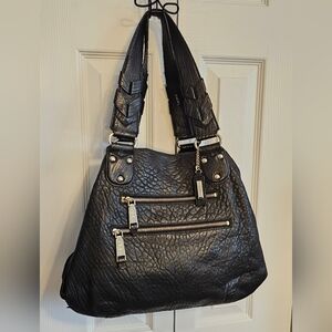 Black Textured Shoulder Bag with Dual Zip Front Pockets